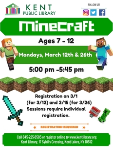 Minecraft at Kent Library March 12 & 26